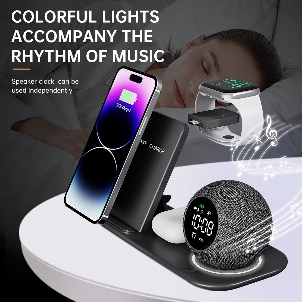 Smart Hub 6in1: Ricarica Wireless + Cuffie + Cassa Bluetooth + Sveglia Luce Notte