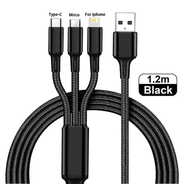 Cavo di Ricarica 3 in 1 Universale - 1.2m, 3A Fast Charge per iPhone, Smartphone Android