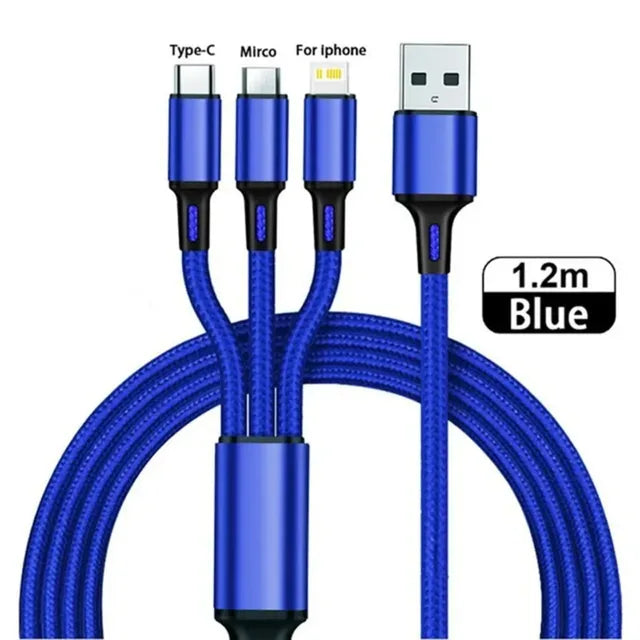 Cavo di Ricarica 3 in 1 Universale - 1.2m, 3A Fast Charge per iPhone, Smartphone Android