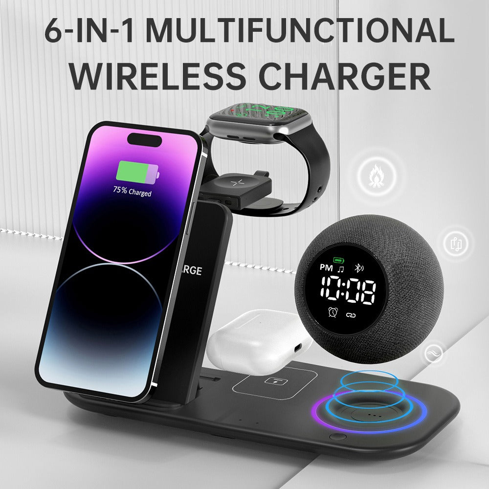 Smart Hub 6in1: Ricarica Wireless + Cuffie + Cassa Bluetooth + Sveglia Luce Notte