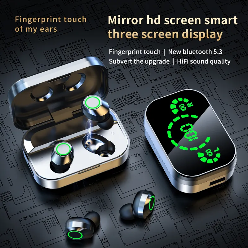 Auricolari Bluetooth 5.3 YD03 TWS - Cuffie Wireless Mirror Design, Display Digitale, IPX4, Nere