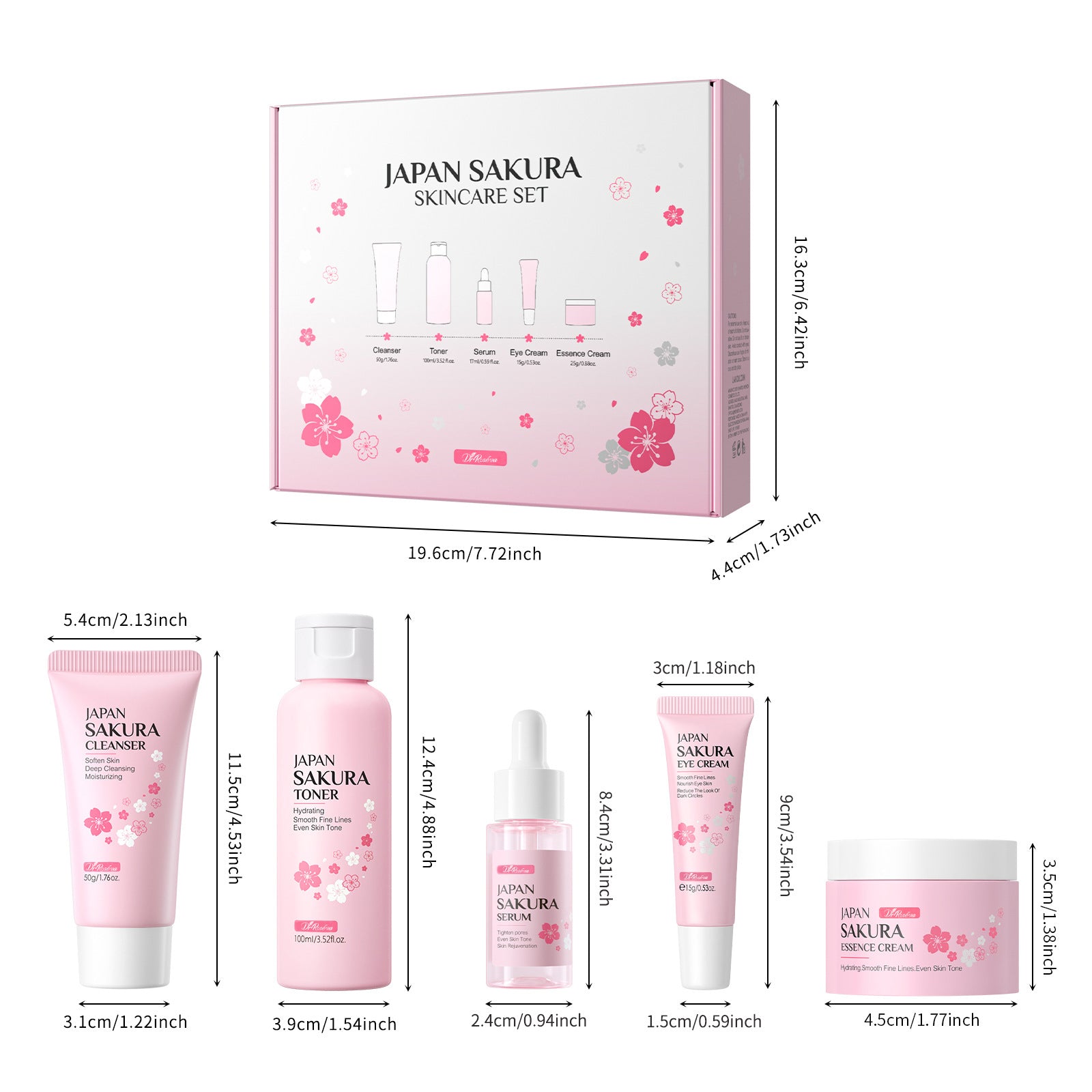 Dr. Roséva Japan Sakura Skin Care Set – Kit Completo 5 Pezzi Anti-Età e Illuminante | Con Fiori di Ciliegio, Vitamina C e Niacinamide