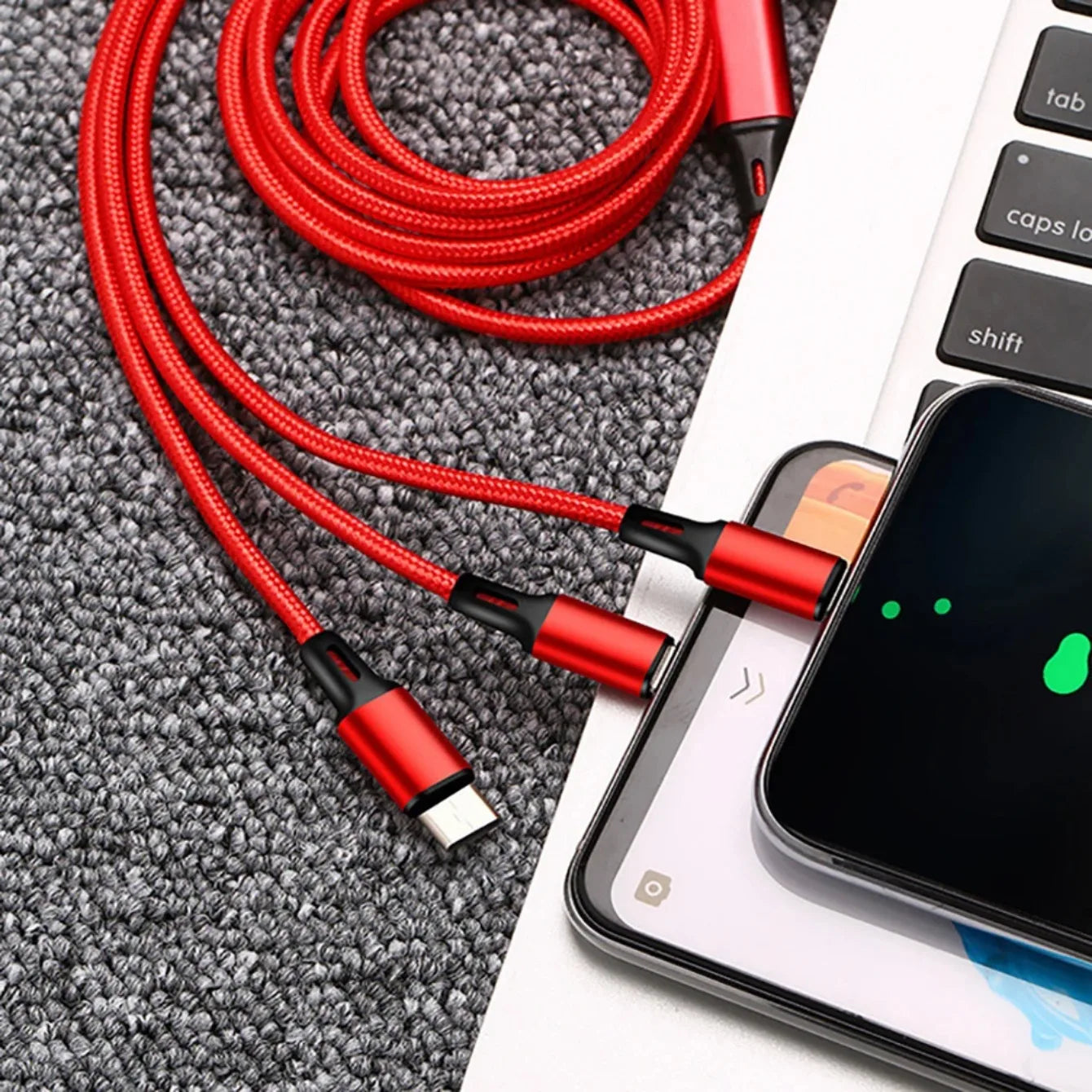 Cavo di Ricarica 3 in 1 Universale - 1.2m, 3A Fast Charge per iPhone, Smartphone Android