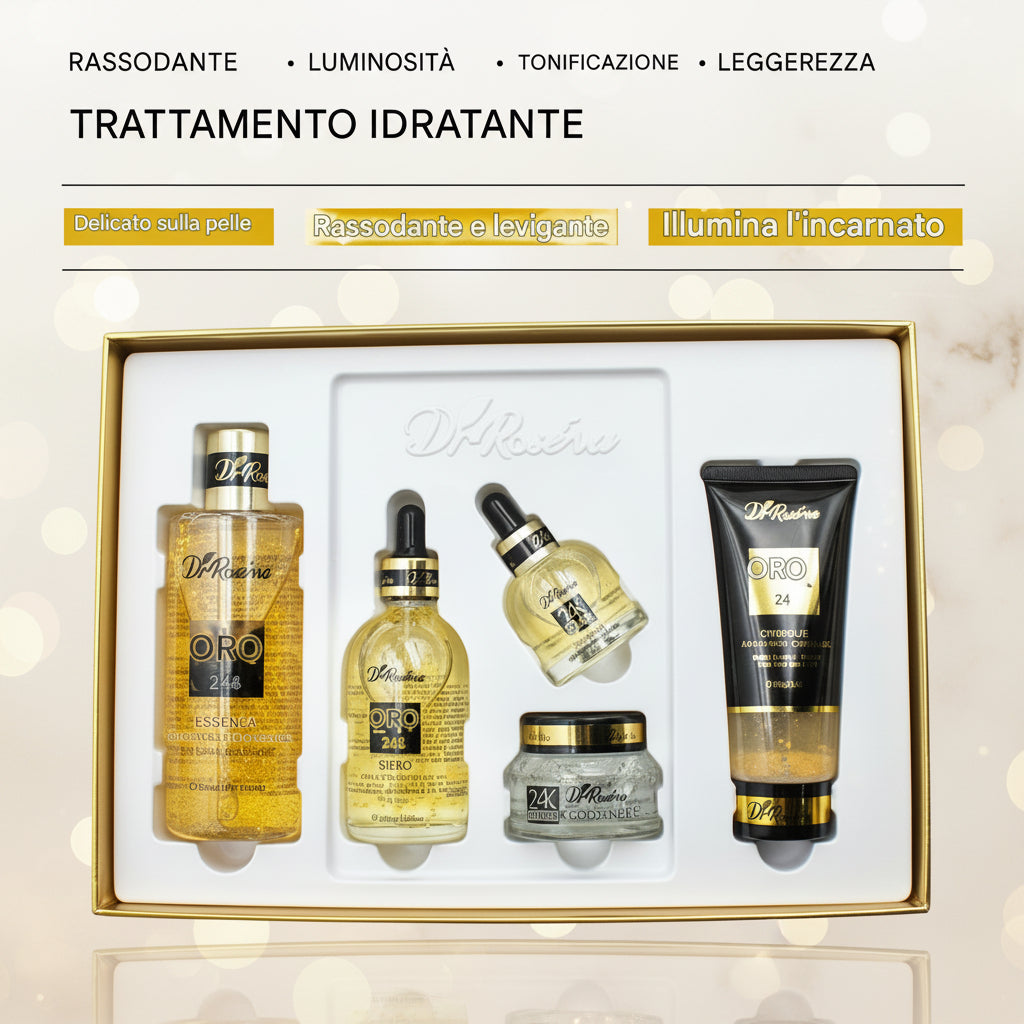Dr. Roséva 24K Gold Radiance Luxury Set – Kit Anti-Età Completo: Detergente, Tonico, Siero, Crema e Contorno Occhi