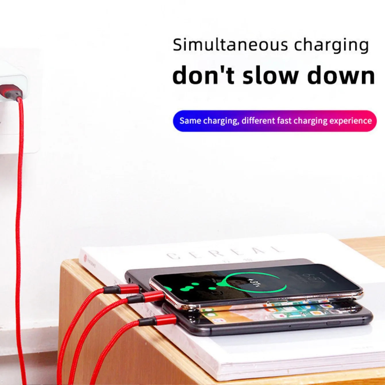 Cavo di Ricarica 3 in 1 Universale - 1.2m, 3A Fast Charge per iPhone, Smartphone Android