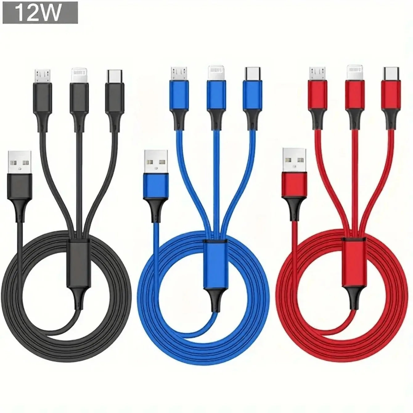 Cavo di Ricarica 3 in 1 Universale - 1.2m, 3A Fast Charge per iPhone, Smartphone Android