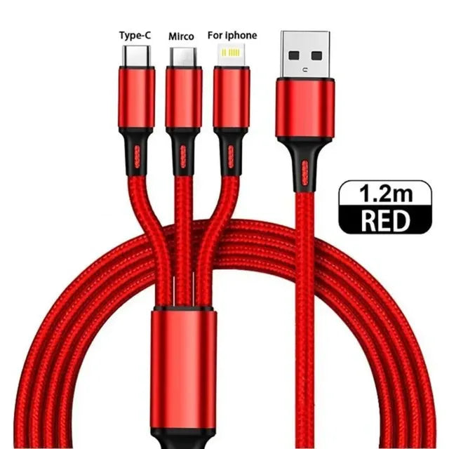 Cavo di Ricarica 3 in 1 Universale - 1.2m, 3A Fast Charge per iPhone, Smartphone Android