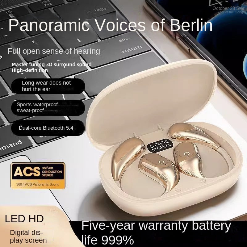 Auriculares Bluetooth 5.4 BS: Auriculares deportivos abiertos con pantalla digital y luz LED 