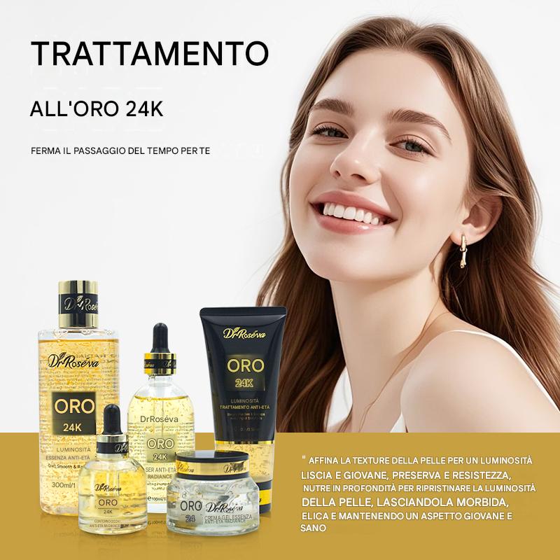 Dr. Roséva 24K Gold Radiance Luxury Set – Kit Anti-Età Completo: Detergente, Tonico, Siero, Crema e Contorno Occhi